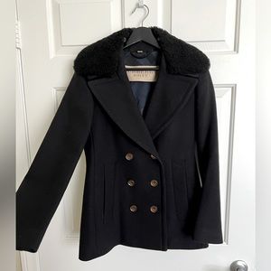 Burberry Wool Double Breasted Coat With Detachable Fur Collar. Size Small